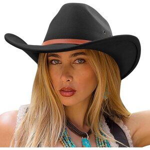 Women's Black Western With Leather Band Buckle Classic Fedora Cowboy Felt Hat